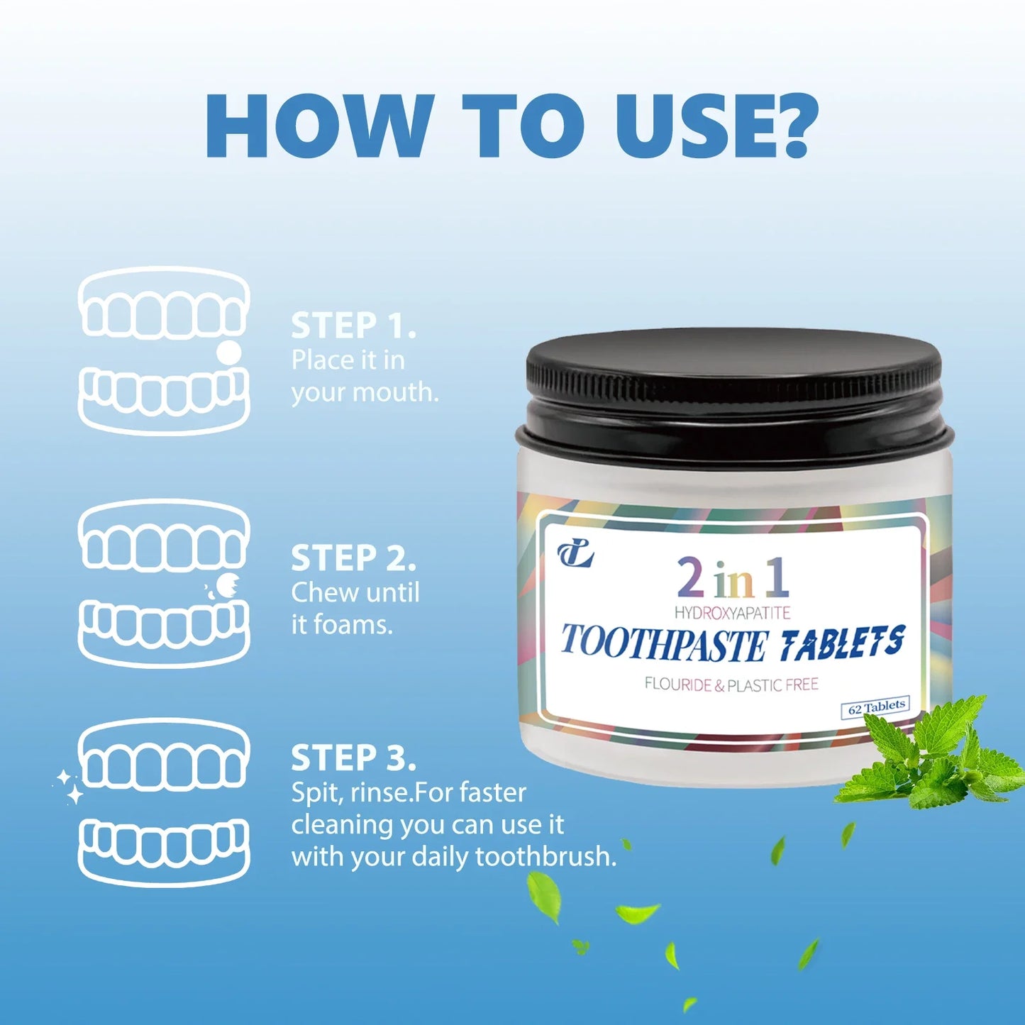 Hydroxyapatite Toothpaste Tablets 62 Pcs, Teeth Cleaning Paste Free, Natural Whitening Fresh Breath, Charcoal for Stain Removal
