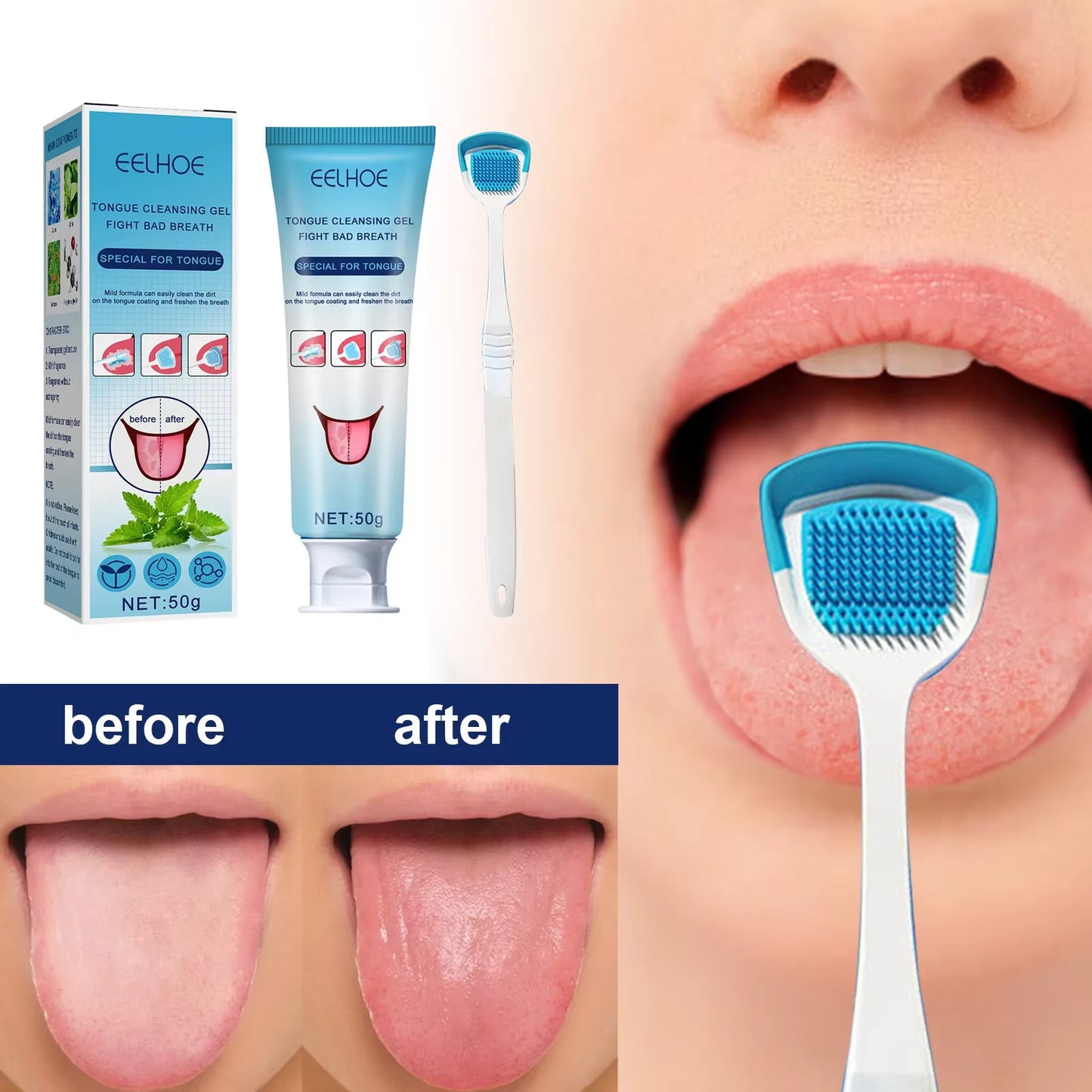Tongue Cleaning Gel with Brush Oral Care Removal Odor Health Fresh Breath Care Dental Hygiene Tools Coating Cleaning Kit